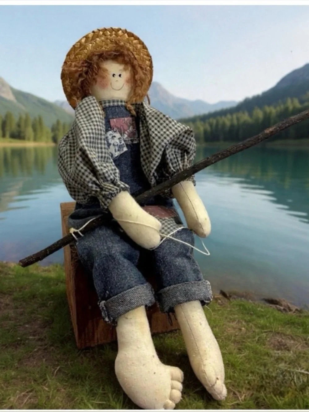 Handmade Rag Doll with Fishing Rod Primitive country-style scarecrow figurine 9”